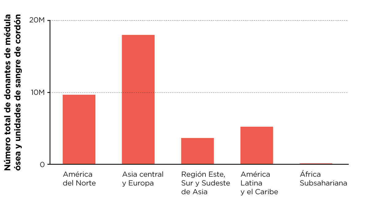 Gráfico de barras que muestra el número total de donantes de médula ósea y unidades de sangre de cordón en diferentes regiones. Las barras representan el número de donantes en millones. Las categorías en el eje horizontal son: América del Norte, Asia central y Europa, Región Este, Sur y Sudeste de Asia, América Latina y el Caribe, y África Subsahariana. Asia central y Europa tienen la mayor cantidad de donantes, seguida de América del Norte y América Latina y el Caribe. La Región Este, Sur y Sudeste de Asia tiene menos donantes, y África Subsahariana presenta el número más bajo.