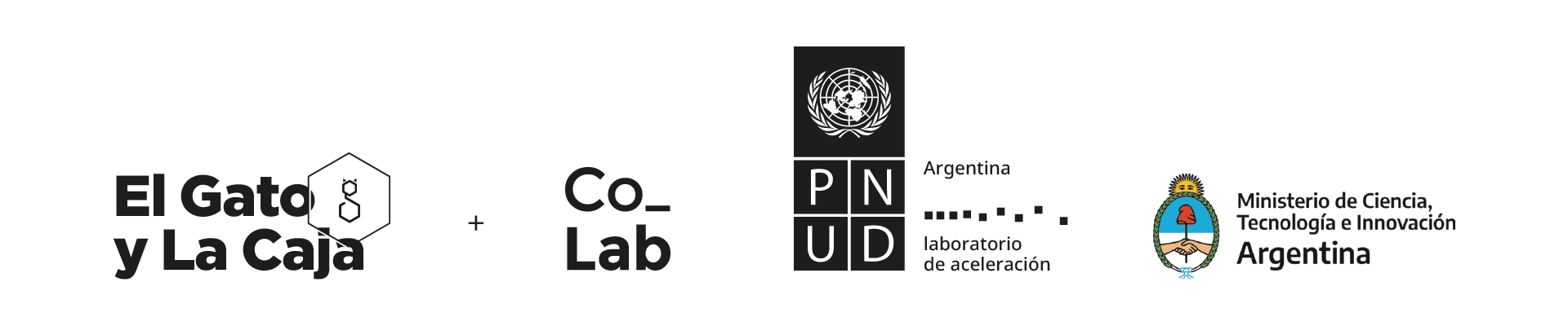 La imagen muestra una agrupación de logos de varias instituciones y organizaciones colaboradoras. De izquierda a derecha, se encuentra el logo de "El Gato y La Caja," seguido del logo de "Co_Lab," luego el del "PNUD Argentina" con la descripción "laboratorio de aceleración," y, finalmente, el emblema del "Ministerio de Ciencia, Tecnología e Innovación Argentina." Estos logos están alineados horizontalmente y representan una colaboración entre entidades dedicadas a la ciencia, la innovación y el desarrollo en Argentina.