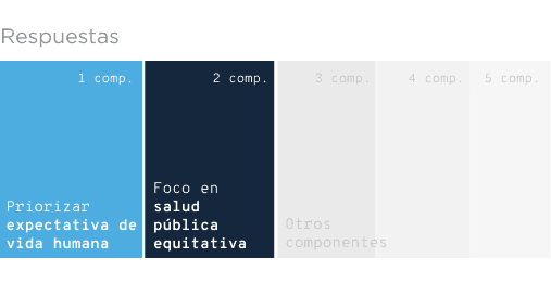 La imagen muestra una barra dividida en cinco secciones, con los dos primeros componentes destacados en color y los demás en gris claro. El primer componente, en azul claro, indica "Priorizar expectativa de vida humana," y el segundo componente, en azul oscuro, señala "Foco en salud pública equitativa." Los componentes restantes están en gris y llevan la etiqueta "Otros componentes," lo que sugiere que no fueron seleccionados o no son el enfoque principal en esta representación.