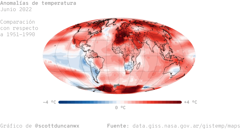 Mapa mundial que muestra anomalías de temperatura en junio de 2022, comparadas con el promedio de 1951-1990. Las áreas en rojo indican temperaturas más altas que el promedio, mientras que las áreas en azul indican temperaturas más bajas. La mayoría de las regiones, especialmente en el hemisferio norte, muestran anomalías positivas significativas, en contraste con algunas áreas del océano que presentan anomalías negativas. La escala de color va de -4°C a +4°C.