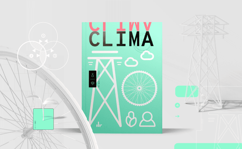 Portada del libro 'Clima' con un diseño gráfico en tonos verde menta y negro. Incluye ilustraciones de una torre de transmisión eléctrica, una rueda de bicicleta y símbolos de nubes y personas, que representan temas relacionados con el clima y la energía.