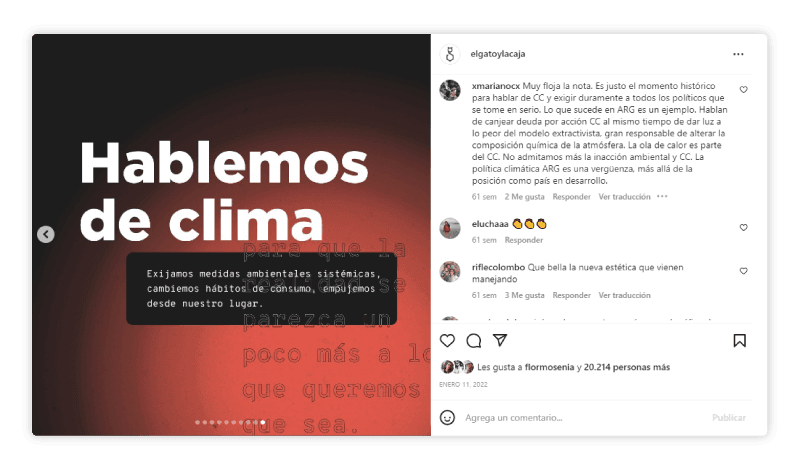 Publicación de Instagram de El Gato y La Caja con el mensaje 'Hablemos de clima' en letras grandes sobre un fondo oscuro. Incluye una nota que dice 'Exijamos medidas ambientales sistémicas, cambiemos hábitos de consumo, empujemos desde nuestro lugar'. Comentarios de usuarios discuten sobre el tema del cambio climático y la política climática en Argentina.