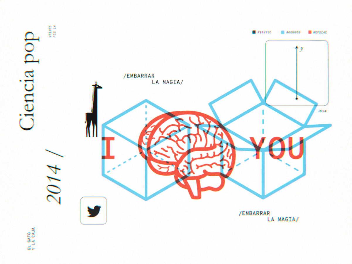 Ilustración titulada "Ciencia Pop" con el año 2014 y la firma de "El Gato y La Caja", el diseño presenta un cerebro rojo en el centro sobre un fondo de cubos azules que simulan cajas abiertas, las palabras "I" y "YOU" aparecen a los lados del cerebro, también se incluyen frases como "/EMBARRAR LA MAGIA/" en dos lugares, en la esquina izquierda hay una pequeña figura de una jirafa y el logo de Twitter, en la esquina superior derecha hay una paleta de colores con códigos hexadecimales. El estilo es minimalista y juega con elementos de ciencia y tecnología en un diseño conceptual.