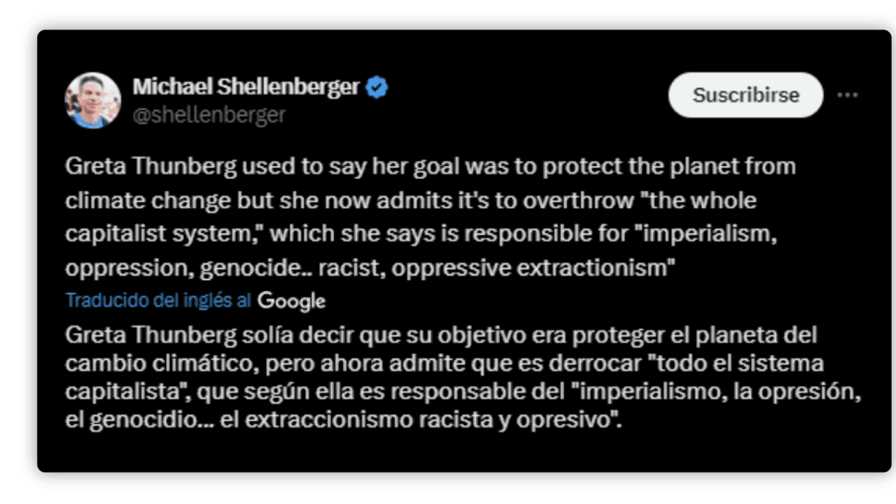 La imagen muestra una captura de pantalla de un tuit de Michael Shellenberger, en el cual menciona a Greta Thunberg y su evolución en cuanto a sus objetivos medioambientales. El texto en inglés dice que Greta solía afirmar que su meta era proteger el planeta del cambio climático, pero ahora, según él, admite que su objetivo es derrocar "todo el sistema capitalista", al cual ella considera responsable de problemas como "imperialismo, opresión, genocidio, racismo y extractivismo opresivo"